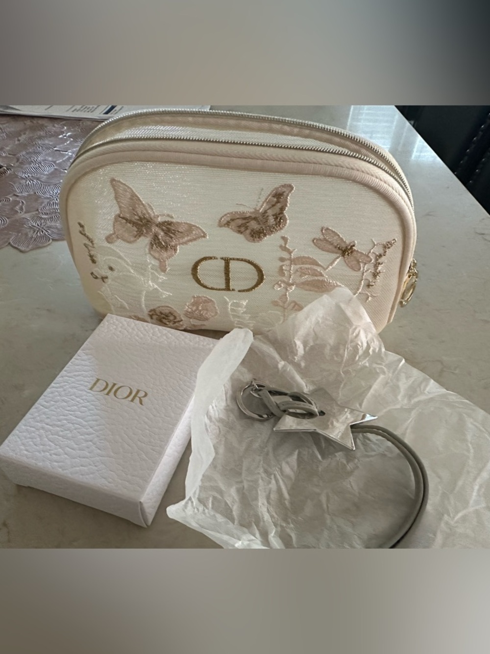 Dior Cream Embroidered Butterfly Cosmetic Pouch